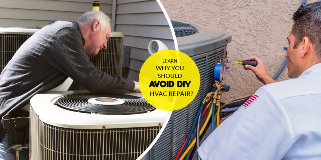 A homeowner attempts DIY HVAC repair, while a professional HVAC technician works on a similar system. Learn why you should avoid DIY HVAC repair.
