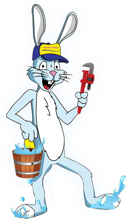Friendly cartoon rabbit plumber holding a wrench and bucket, Conejo Valley.