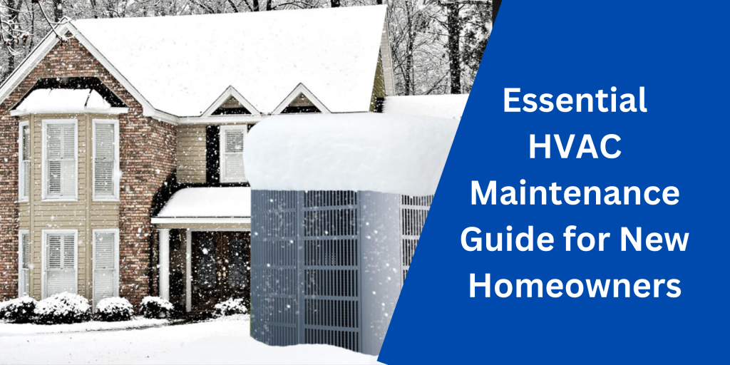 Snow-covered HVAC unit outside a house during winter. Essential HVAC maintenance for new homeowners.