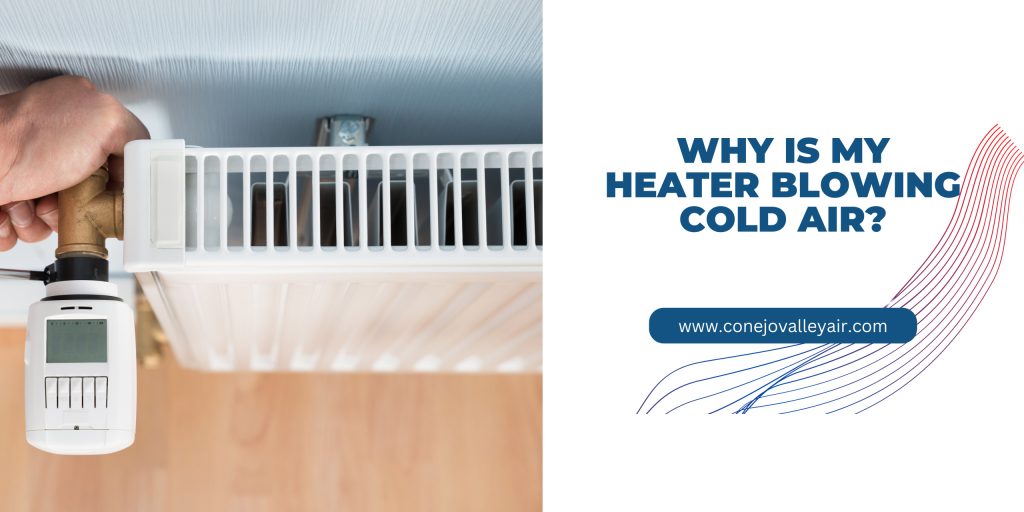 Person adjusting thermostat on a radiator, cold air from heater.