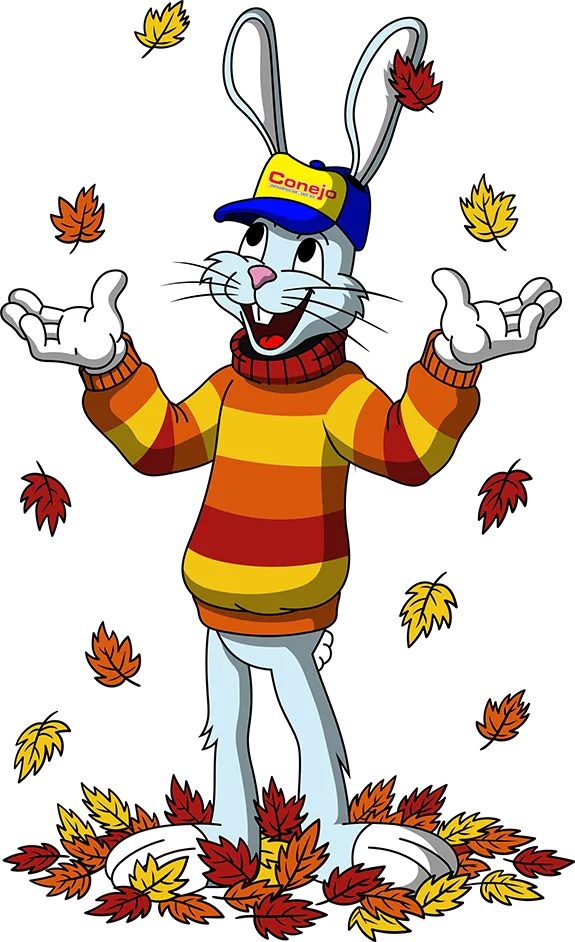 Conejo Services rabbit mascot, Gauge, in a sweater with fall leaves