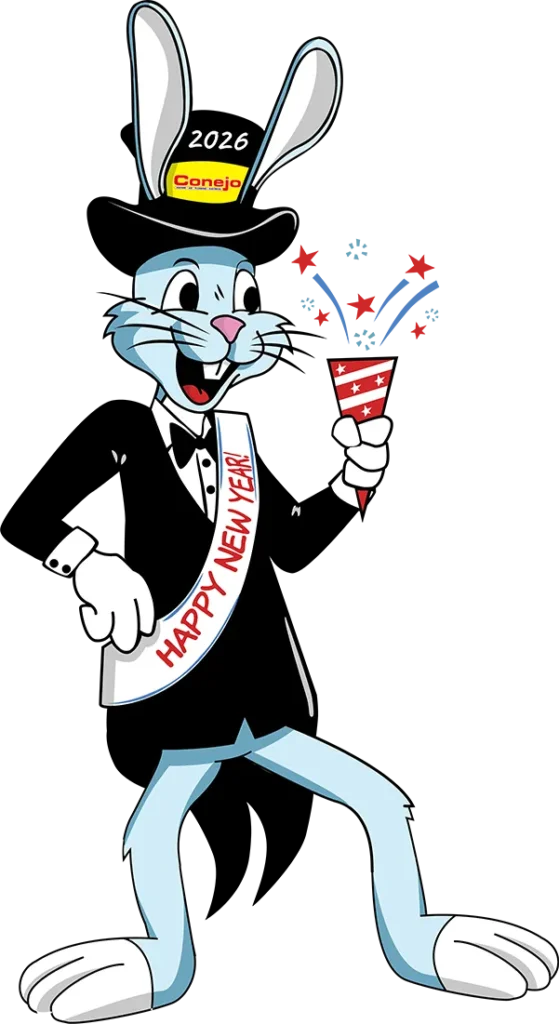 Conejo Services' rabbit mascot, Gauge, wearing a tuxedo for New Year's 2026