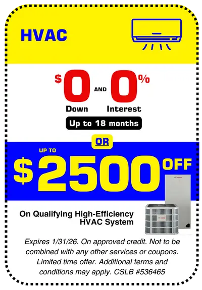 Conejo Services HVAC coupon for $0 down and 0% interest up to 18 months on approved credit or up to $2500 off