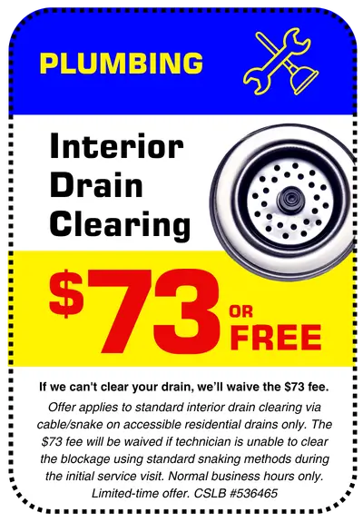 Conejo Services coupon: $73 to clear your interior drain or it's free