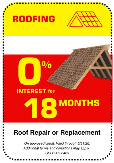 Conejo Services coupon for 0% interest for 18 months on roof repair or roof replacement