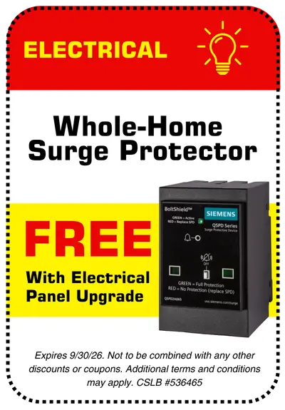 Conejo Services coupon for a free whole-home surge protector when you purchase a new electrical panel