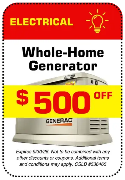 Conejo Services coupon for $500 off a whole-home generator