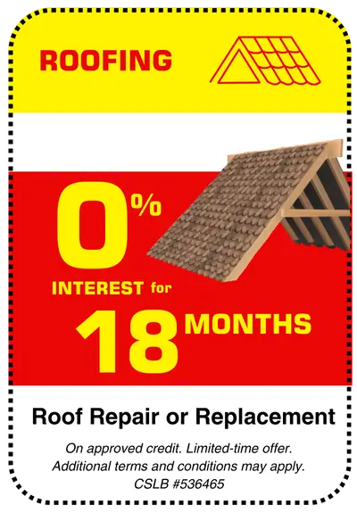 Conejo Services coupon for 0% interest for 18 months on roof repair or roof replacement